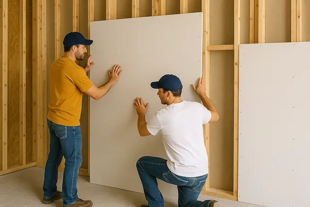 Two installers positioning a drywall panel against timber framing