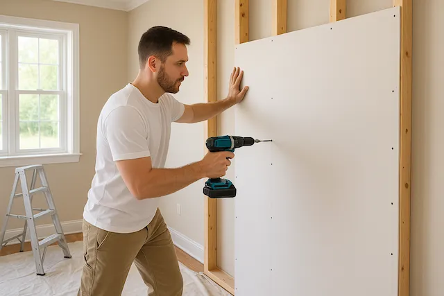 Installer fastening a new drywall panel beside a window
