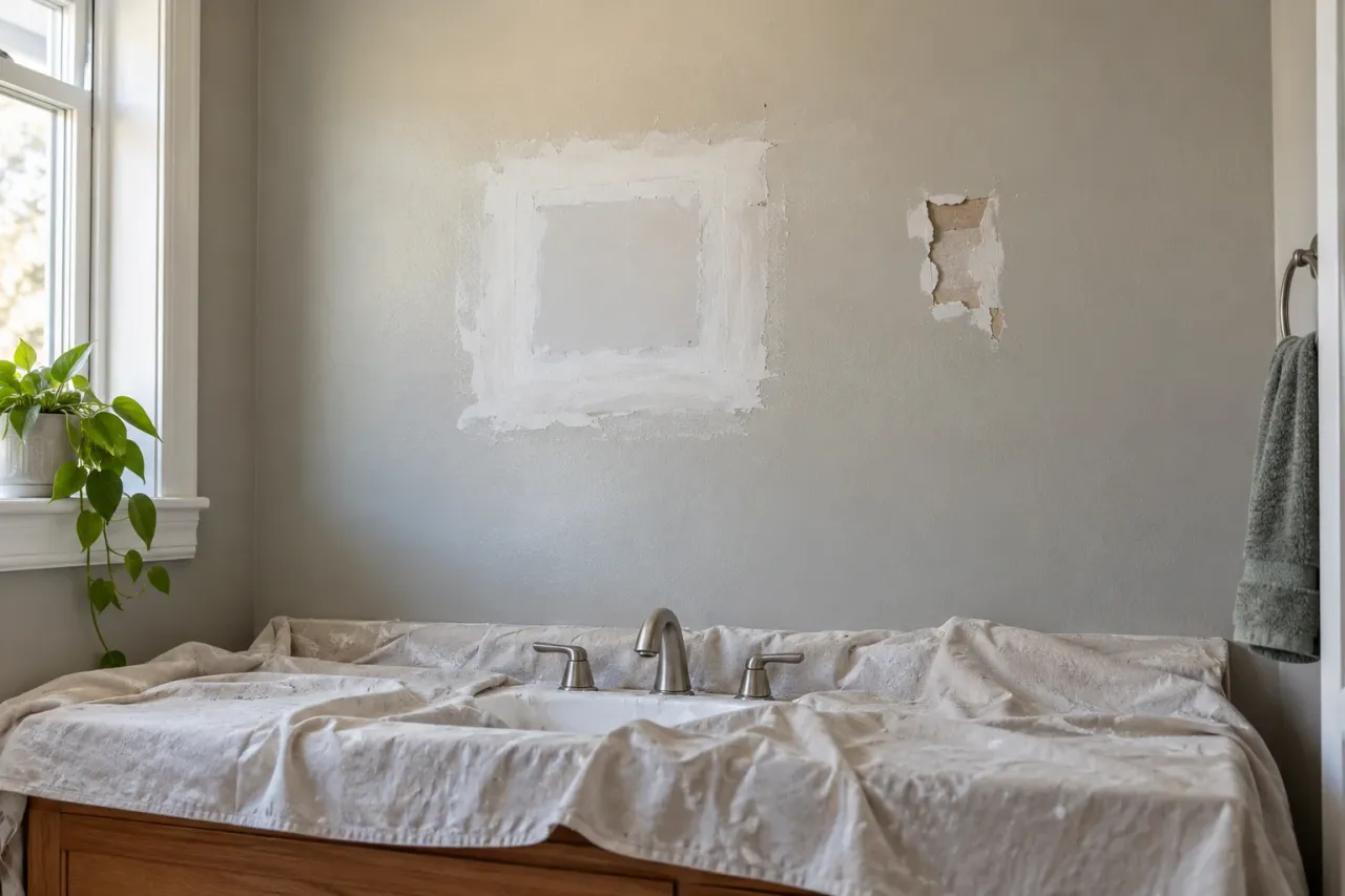 Drywall patch and torn facing above a covered bathroom sink