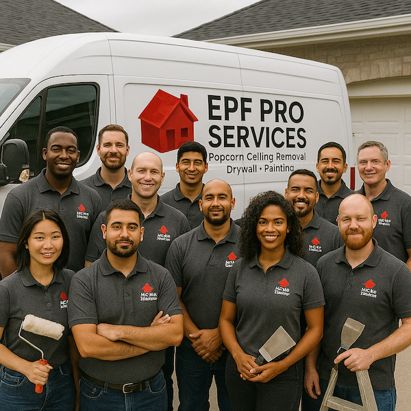 EPF Pro Services crew performing dust-controlled popcorn ceiling removal