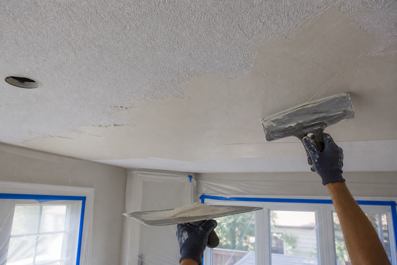 Skim coating process after painted popcorn ceiling preparation.